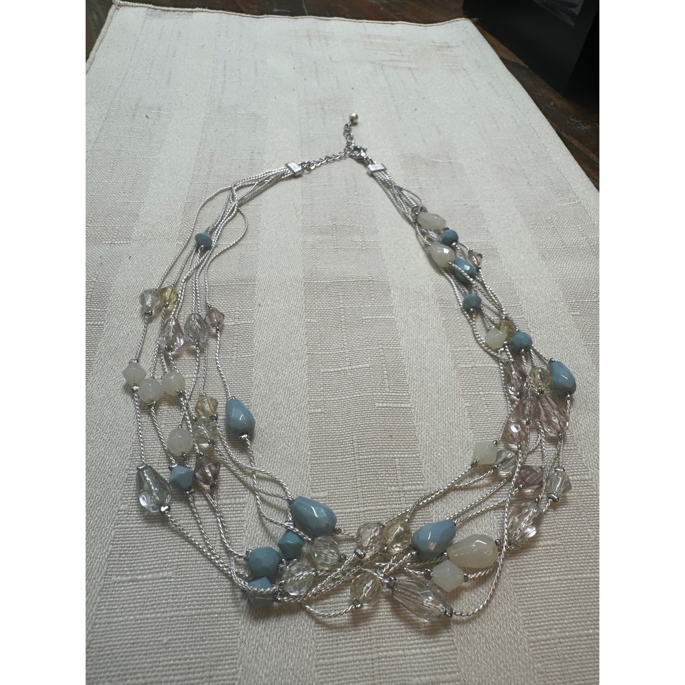 Multi Strand Beaded Necklace Silver Tone Blue White Teardrop Layered 18-20" VTG